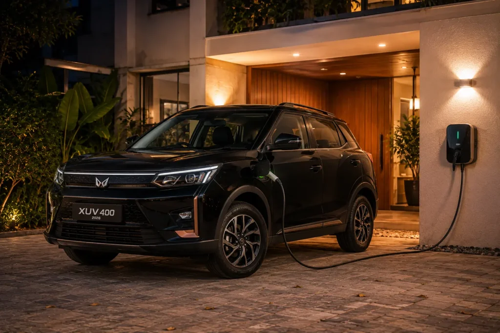 Mahindra XUV400 EV charging at home using a wall-mounted charger.