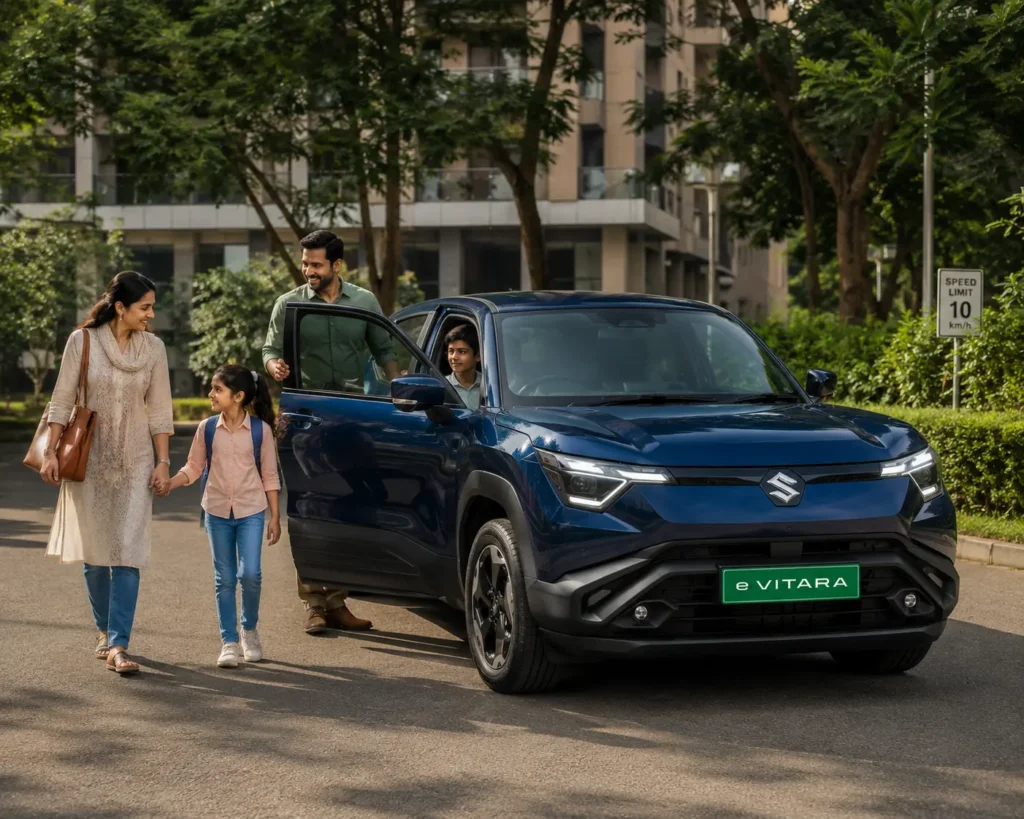 Family using Maruti Suzuki e Vitara for city commuting