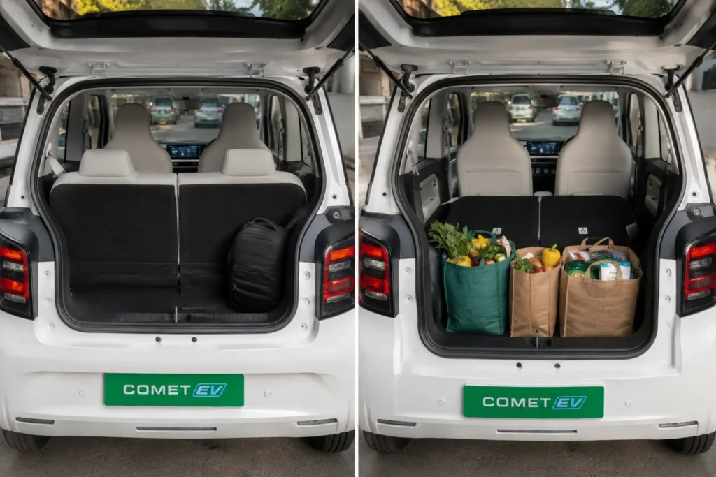 MG Comet EV boot space comparison with rear seats up and folded down.
