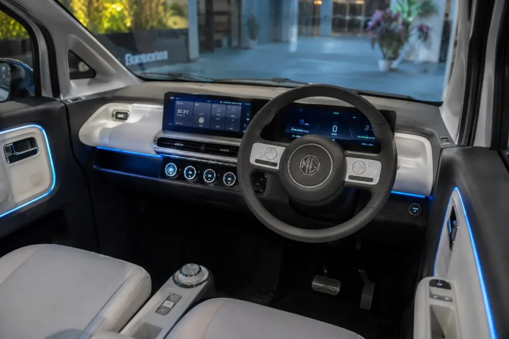 MG Comet EV interior with dual digital screens and modern dashboard.