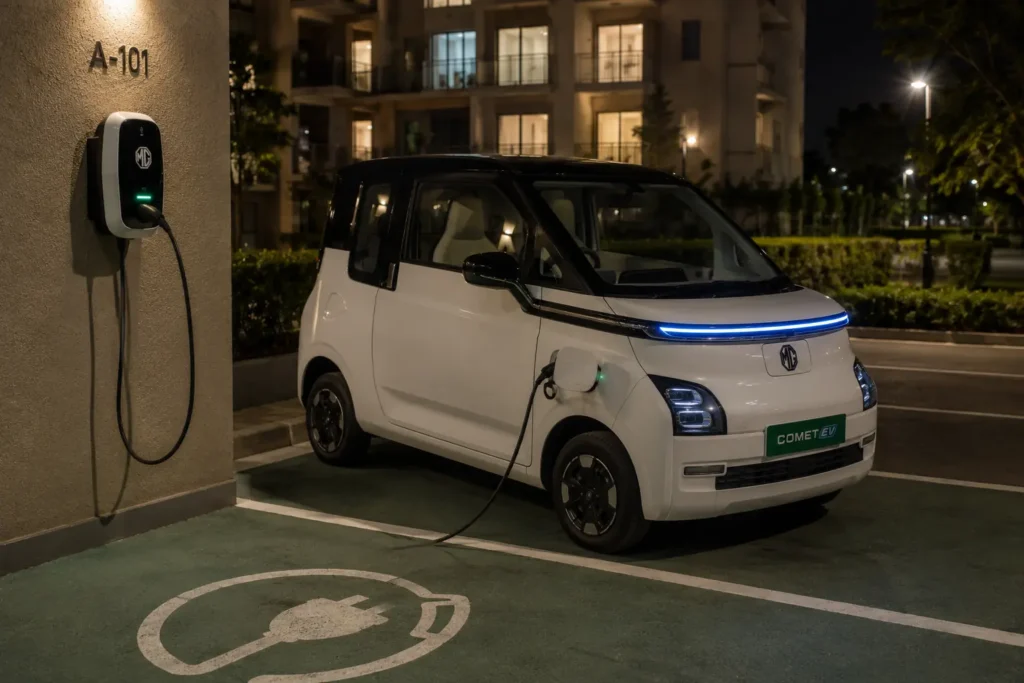 MG Comet EV charging overnight at home using an AC charger.