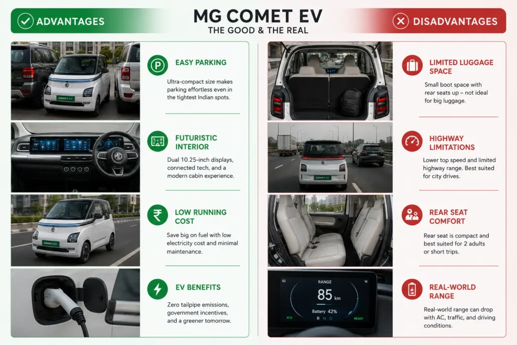 Visual comparison showing MG Comet EV pros and cons.