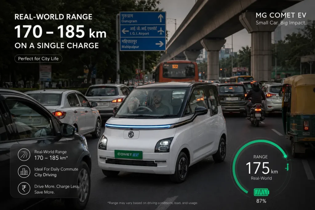 MG Comet EV driving in urban traffic with displayed city driving range.