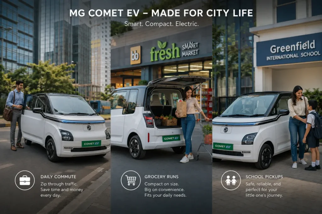 Urban commuters using the MG Comet EV for daily city errands.