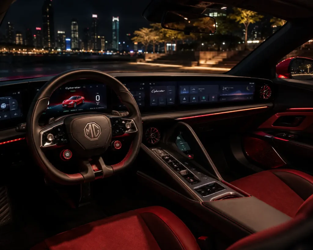 MG Cyberster interior featuring a wraparound triple-screen dashboard layout.
