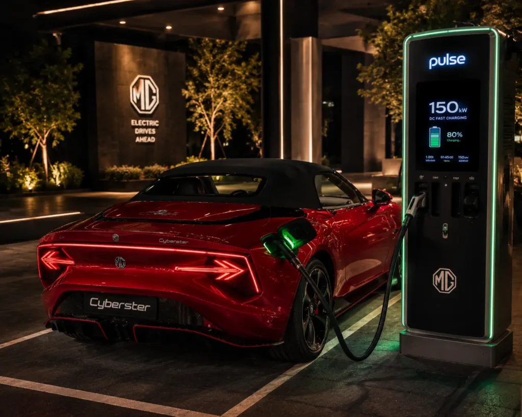 MG Cyberster charging at a high-speed DC charging station.