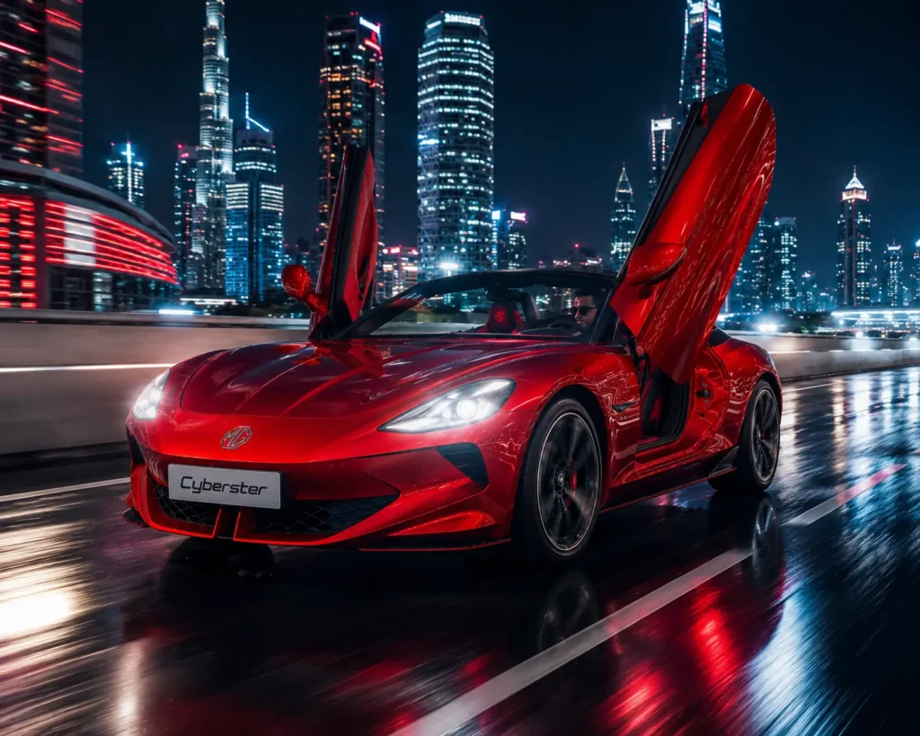 MG Cyberster driving through a futuristic city highway at night.