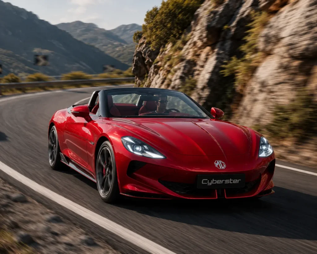 MG Cyberster cornering aggressively on a mountain road.