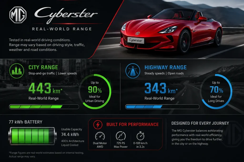 MG Cyberster city and highway driving range comparison infographic.