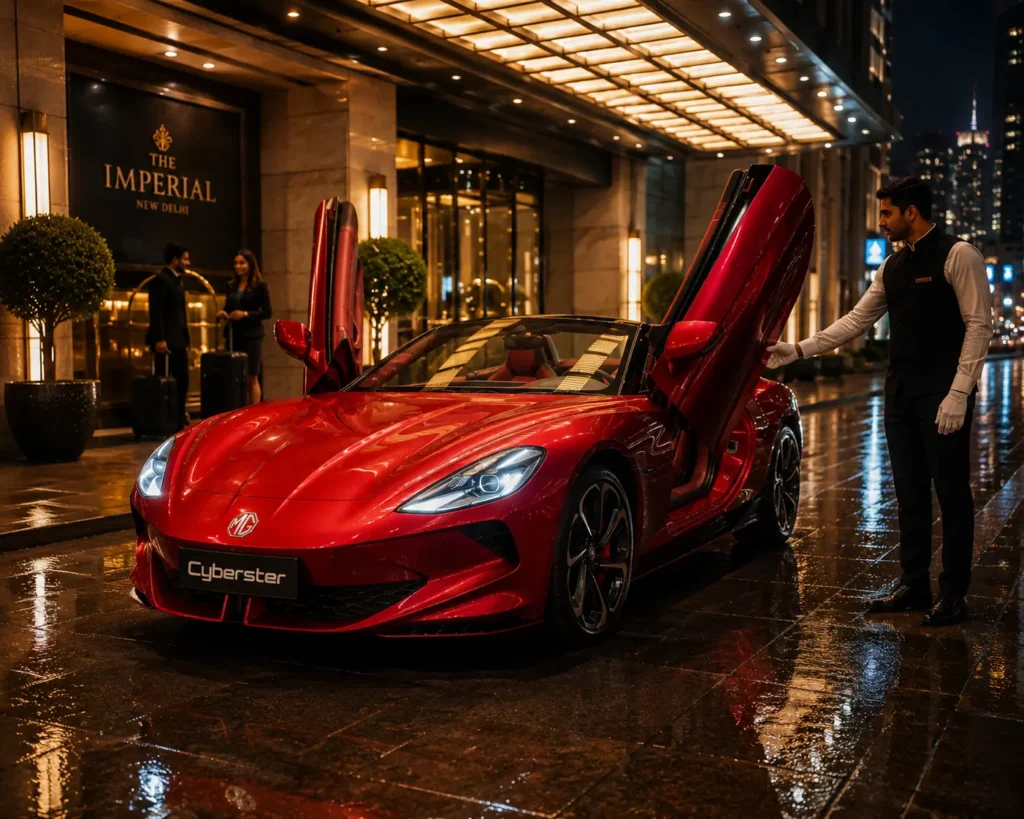 MG Cyberster with scissor doors open outside a luxury hotel.