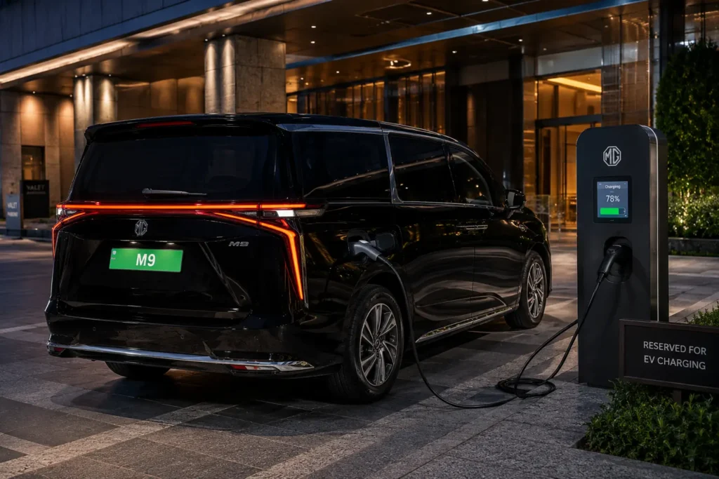 MG M9 charging at luxury EV charging station