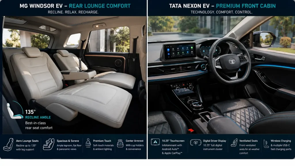 Windsor EV Aero Lounge seats and Nexon EV comfort features
