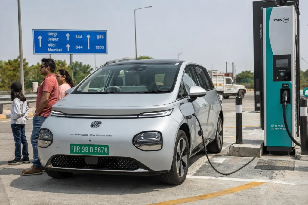 MG Windsor EV fast charging during Indian highway road trip