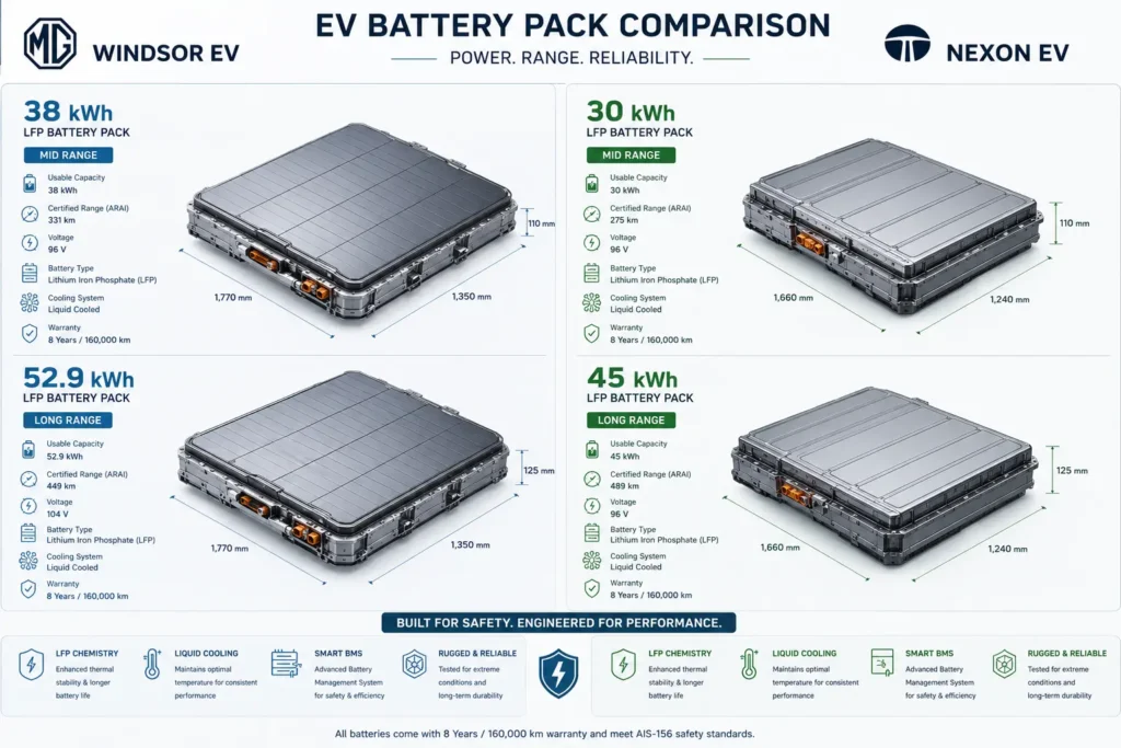 Battery options available in MG Windsor EV and Tata Nexon EV