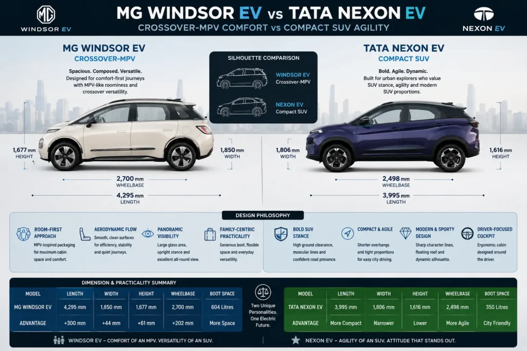 MG Windsor EV crossover design compared with Tata Nexon EV SUV design