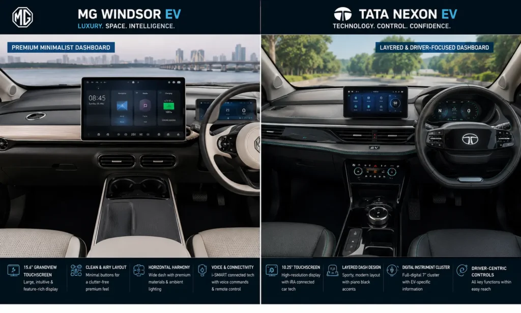 Interior dashboard comparison of MG Windsor EV and Tata Nexon EV