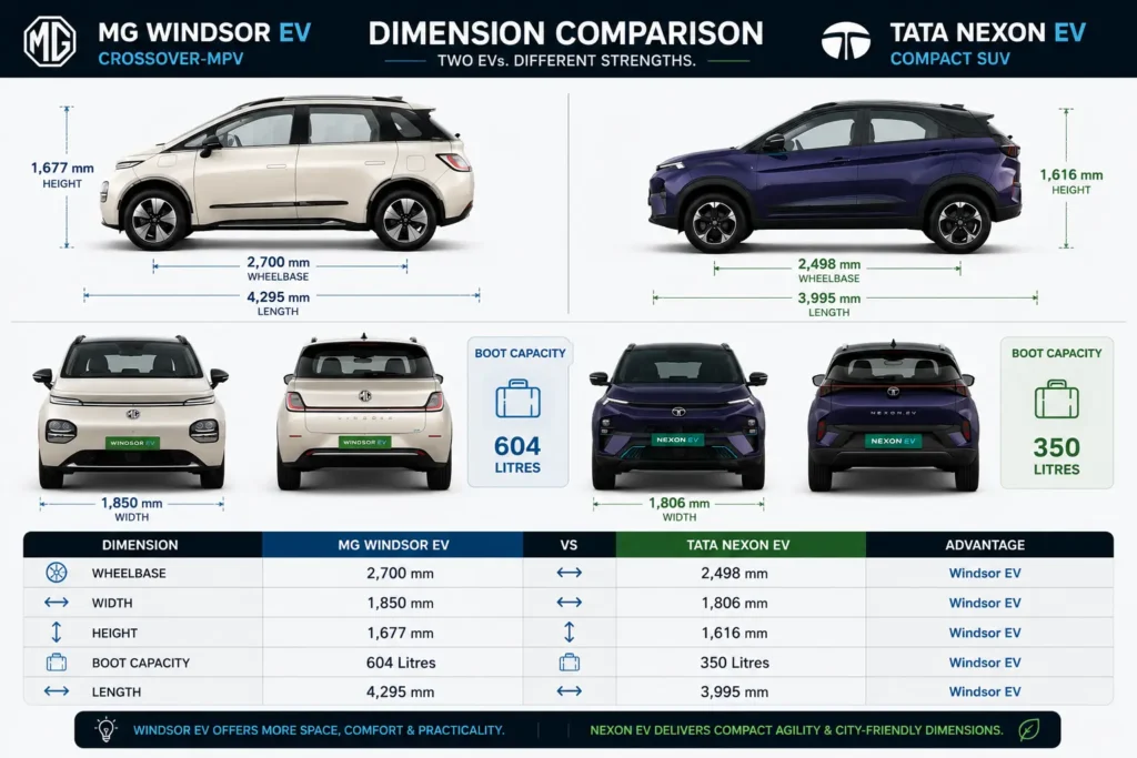 Dimensions and cargo space comparison between Windsor EV and Nexon EV