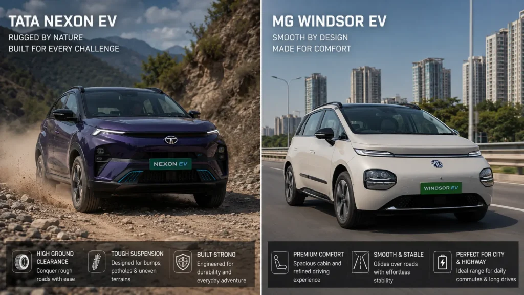 Tata Nexon EV rugged ride versus MG Windsor EV highway comfort