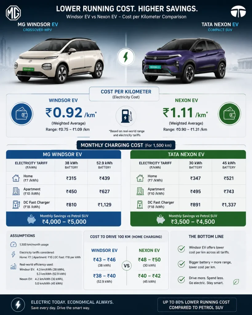 Running cost comparison between Windsor EV and Nexon EV