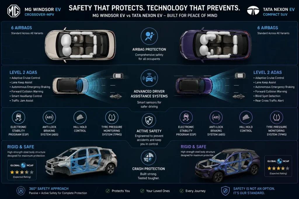 Safety technologies in MG Windsor EV and Tata Nexon EV