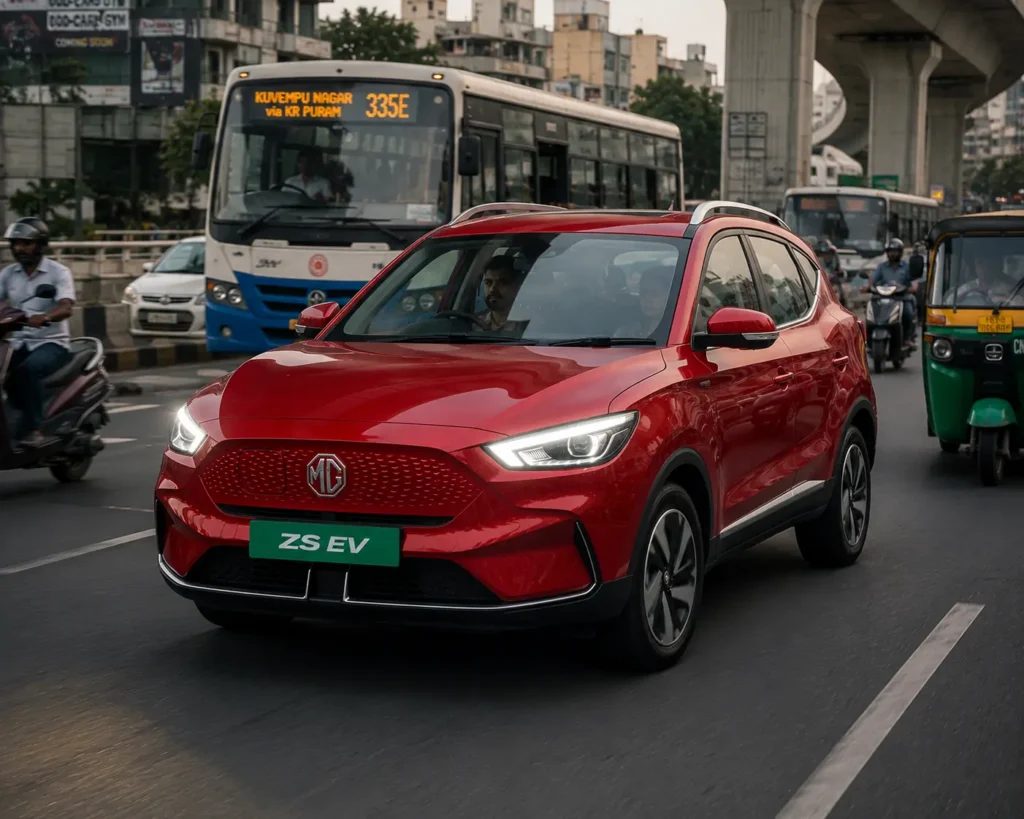 MG ZS EV driving in Indian city traffic