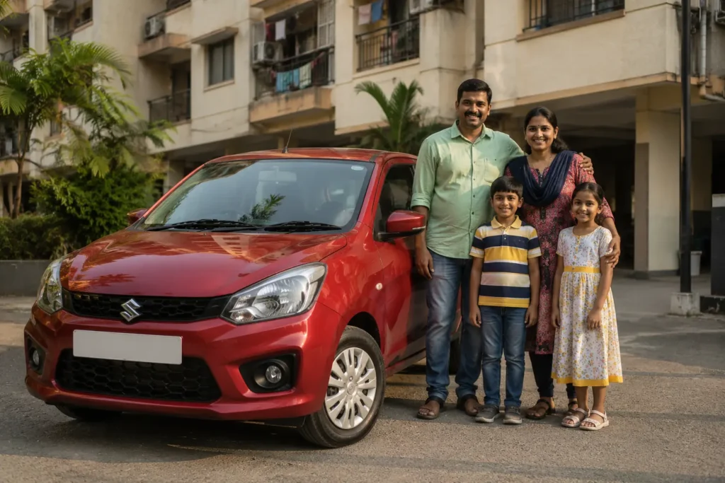 Indian family with their affordable budget hatchback car