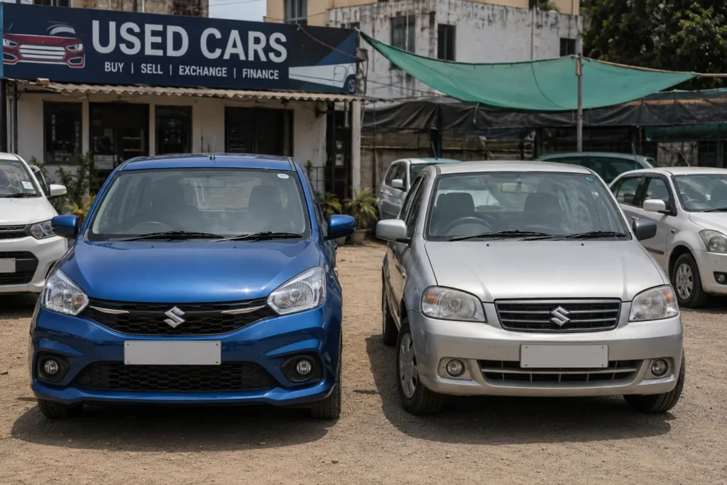 Comparison between a new budget hatchback and a used car in India