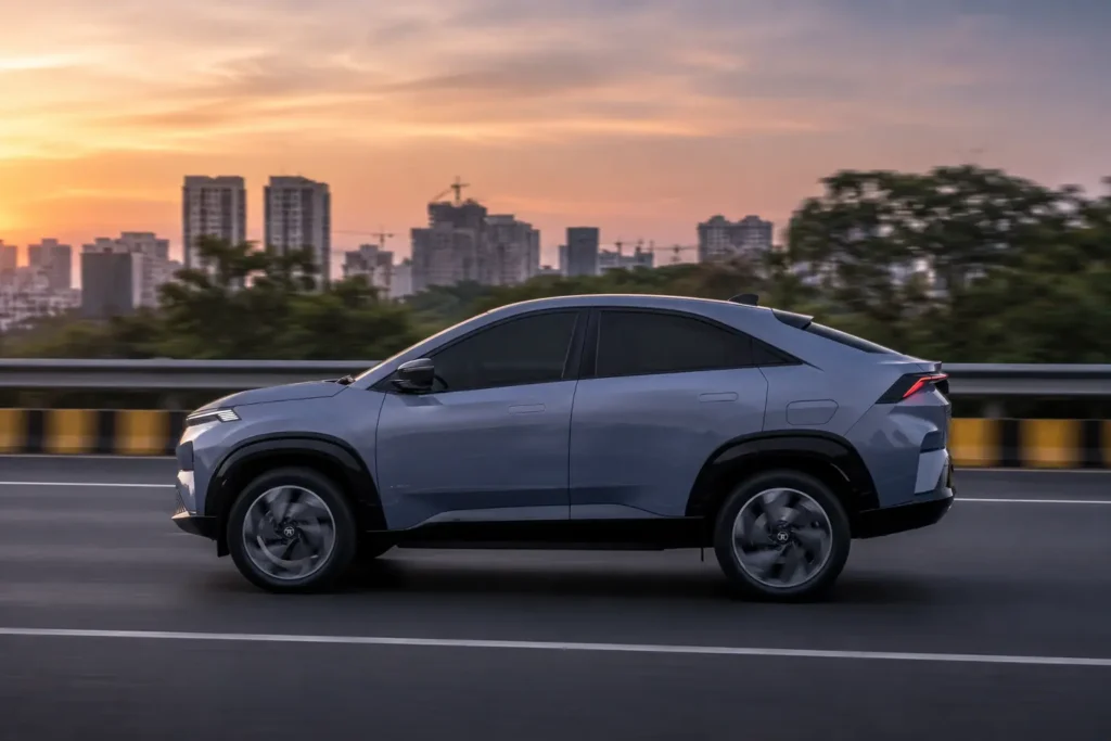 Side profile of Tata Curvv EV showing coupe SUV styling