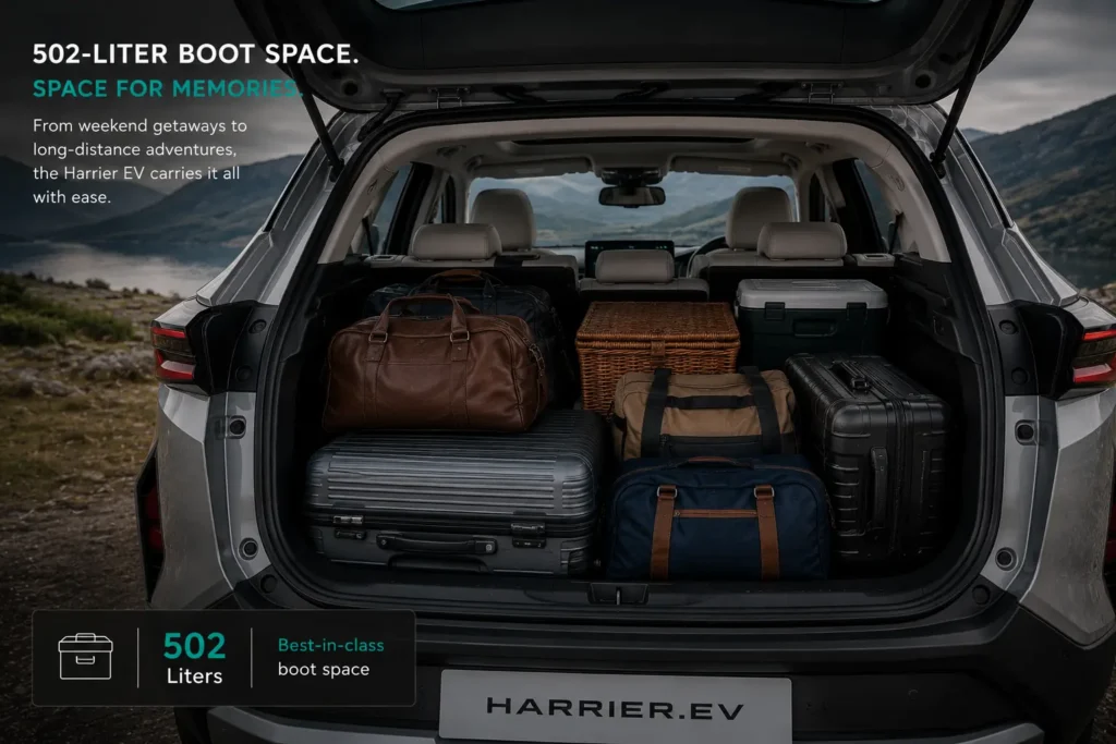 Large luggage space inside the Tata Harrier EV boot.
