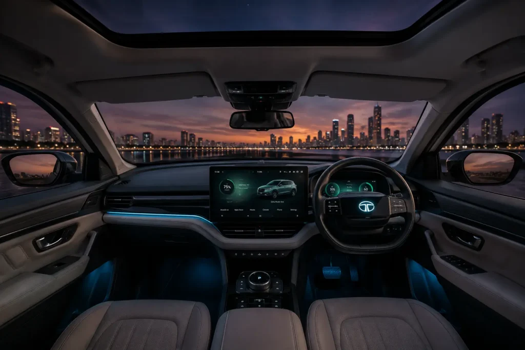 Premium dashboard and infotainment system inside the Tata Harrier EV.