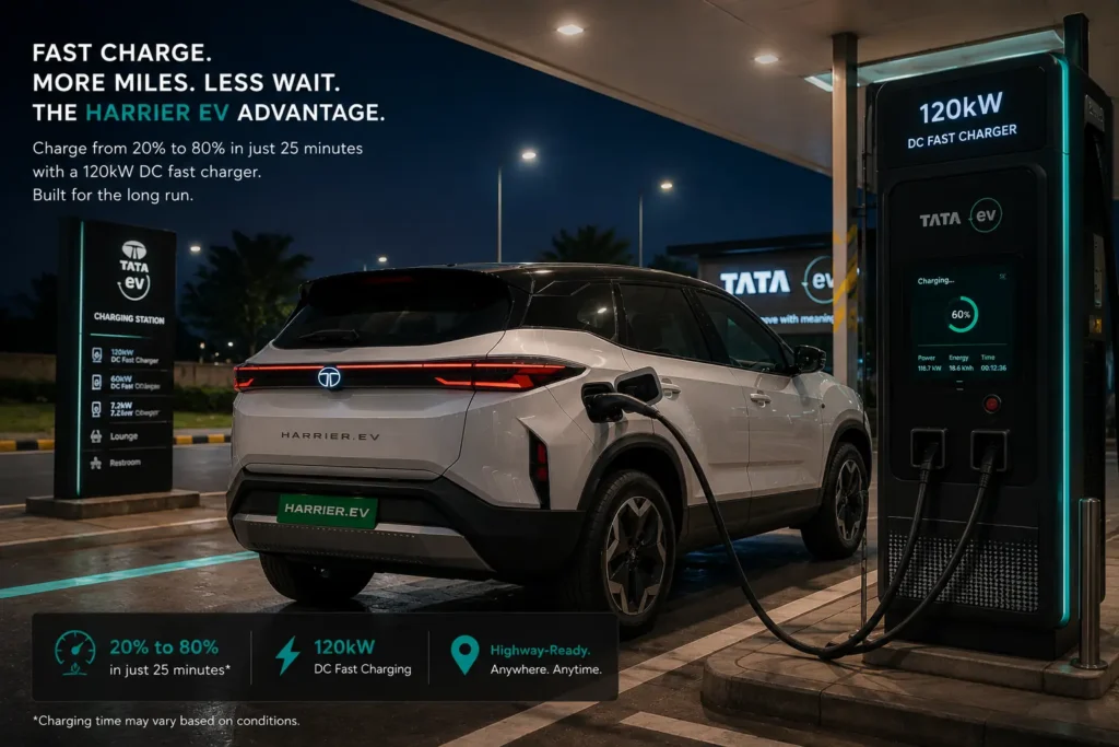 Tata Harrier EV charging at a public DC fast charging station.