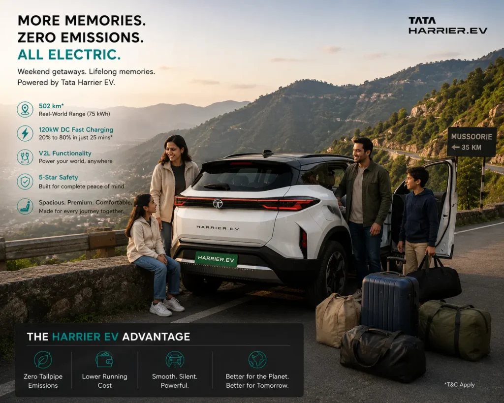 Family road trip with the Tata Harrier EV in a scenic outdoor setting.