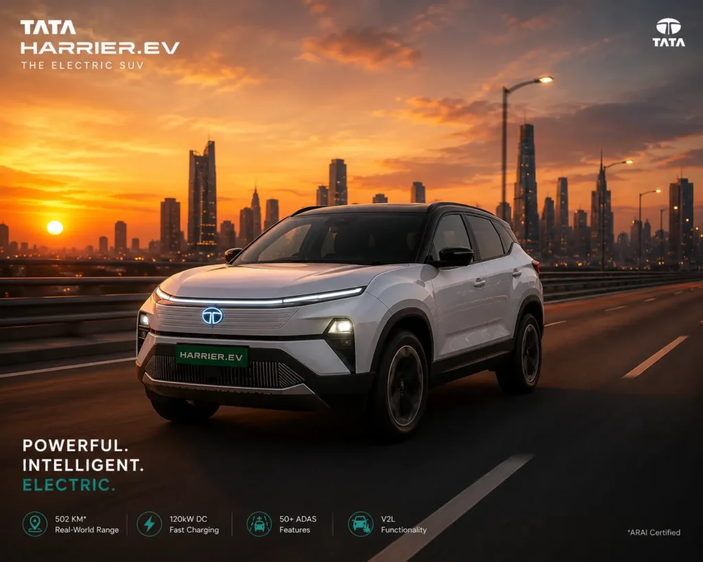Tata Harrier EV driving on a highway during sunset.