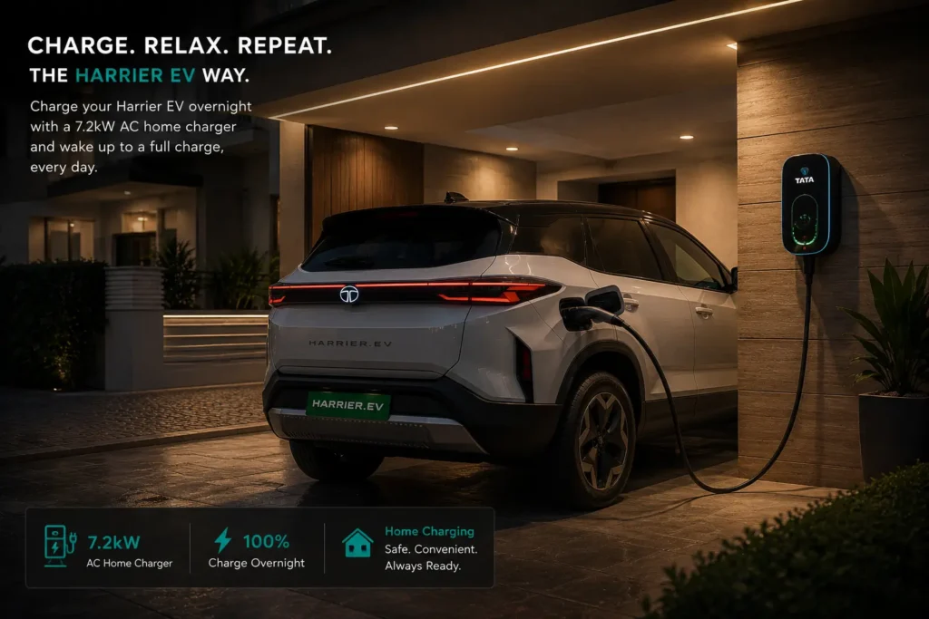 Tata Harrier EV charging at home with an AC wall box charger.