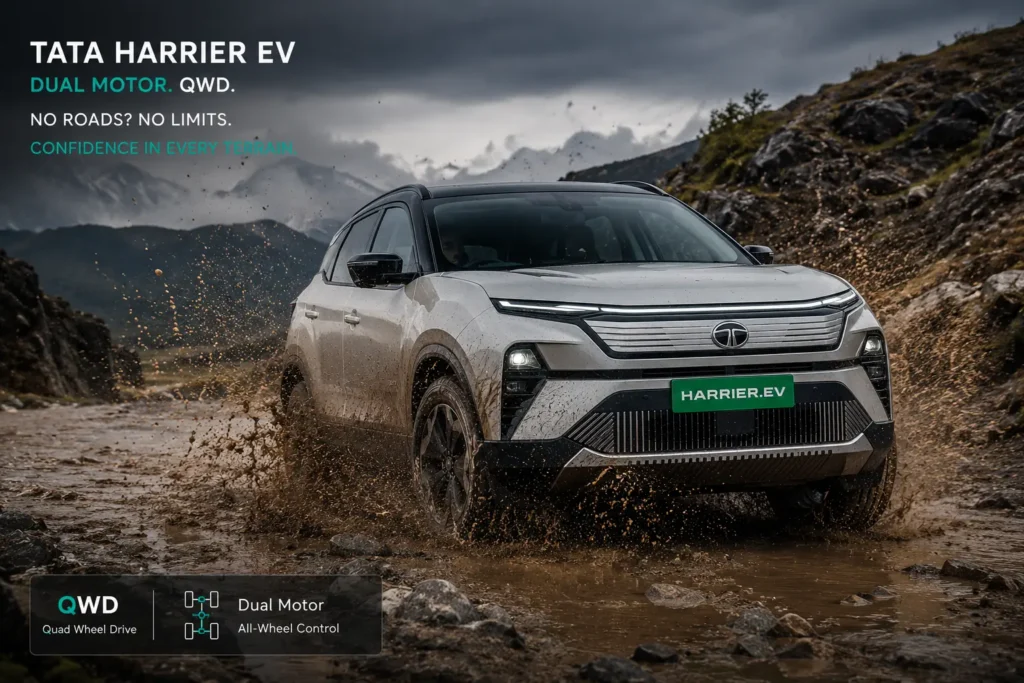 Tata Harrier EV driving through muddy off-road terrain with AWD traction.