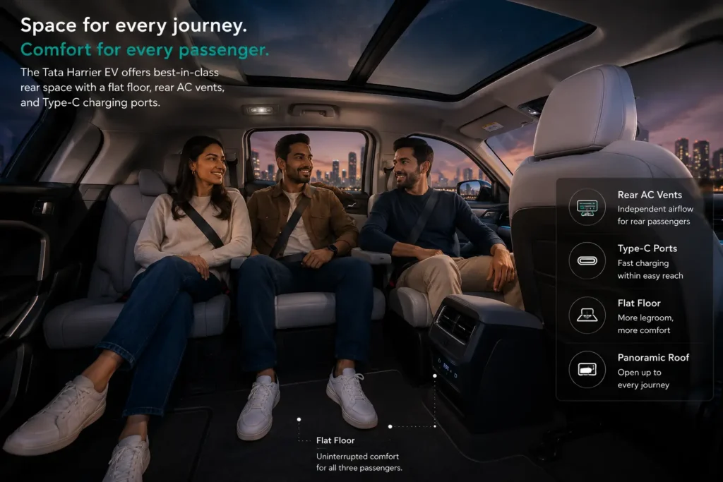 Rear passenger seating space inside the Tata Harrier EV.