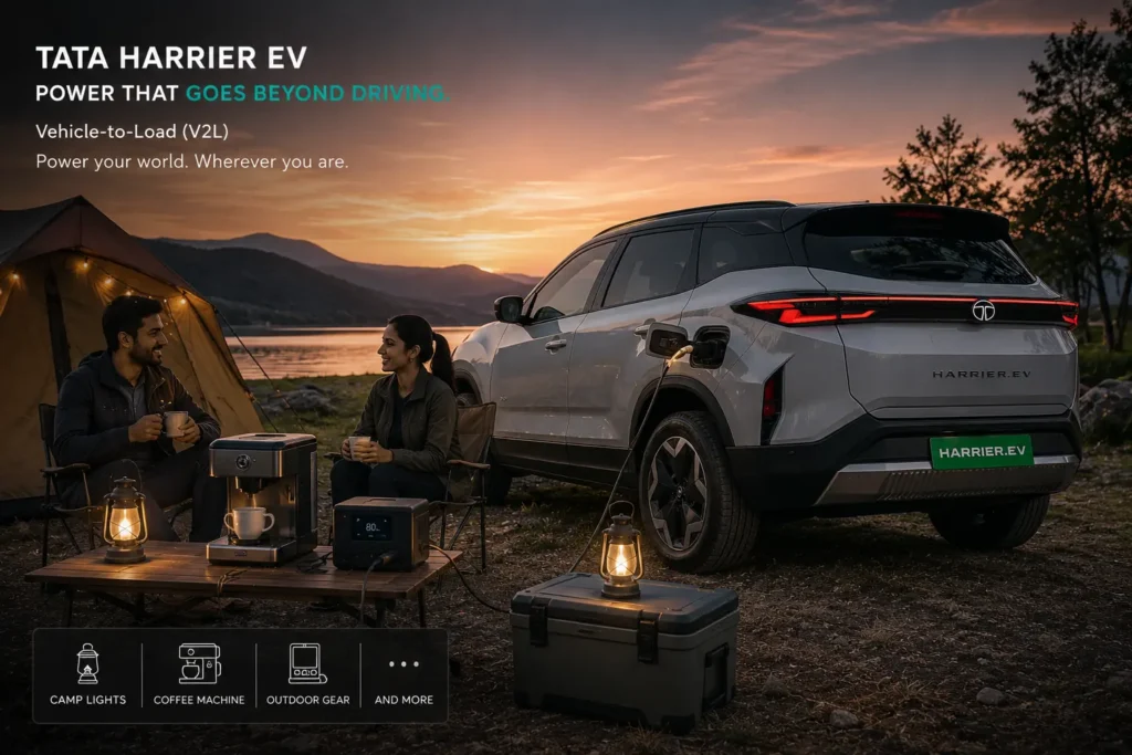 Tata Harrier EV using V2L technology to power camping equipment outdoors.