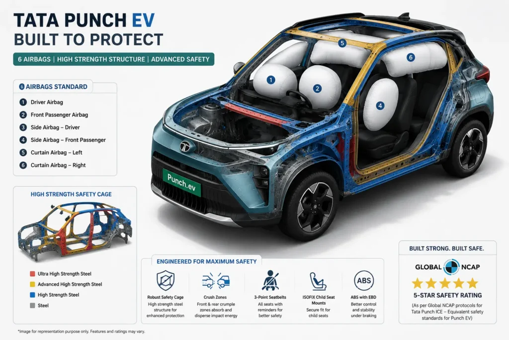 Tata Punch EV safety structure and airbag protection illustration.