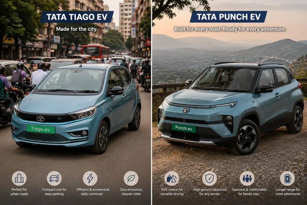 Tata Tiago EV city commuter and Tata Punch EV versatile SUV lifestyle comparison.