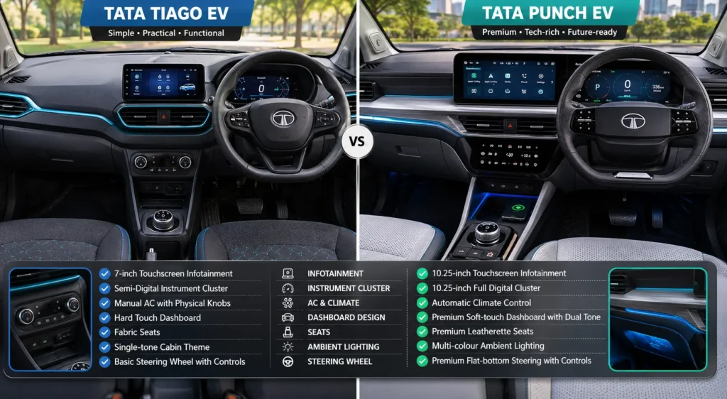 Tata Punch EV vs Tata Tiago EV: Interior dashboard comparison of Tata Punch EV and Tata Tiago EV.