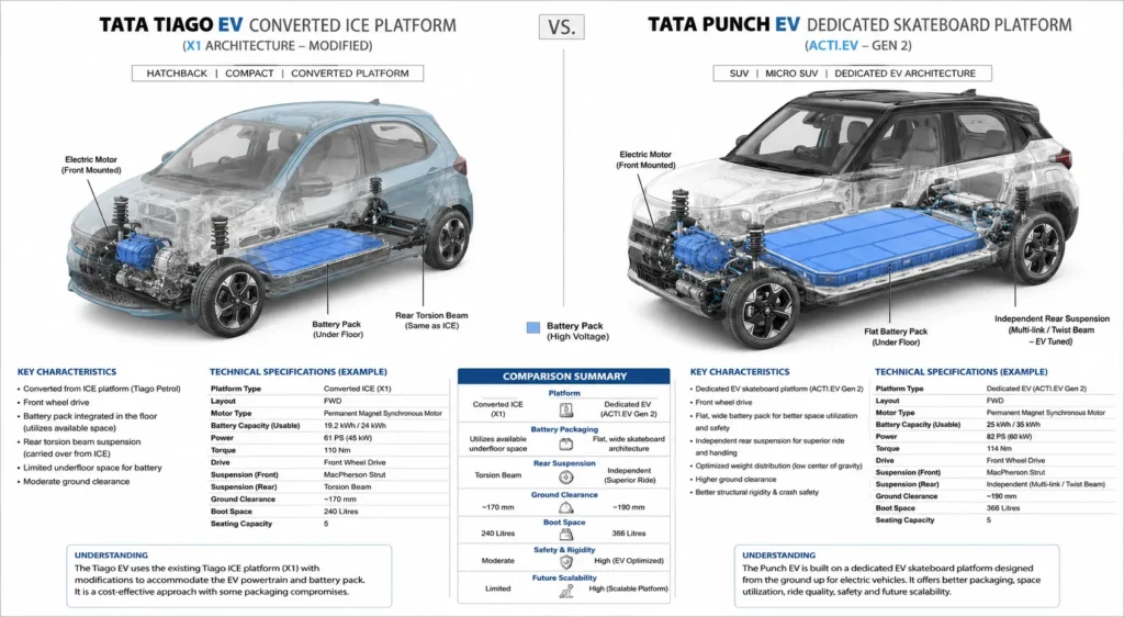 Tata Punch EV vs Tata Tiago EV: Comparison of Tata Tiago EV converted platform and Tata Punch EV dedicated electric skateboard architecture.