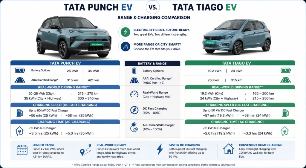 Tata Punch EV and Tata Tiago EV range and charging comparison infographic.