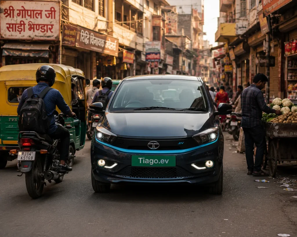 Tata Tiago EV driving through narrow city streets