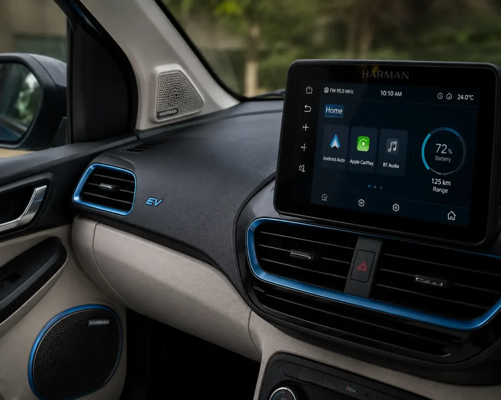 Tata Tiago EV Harman audio system and touchscreen