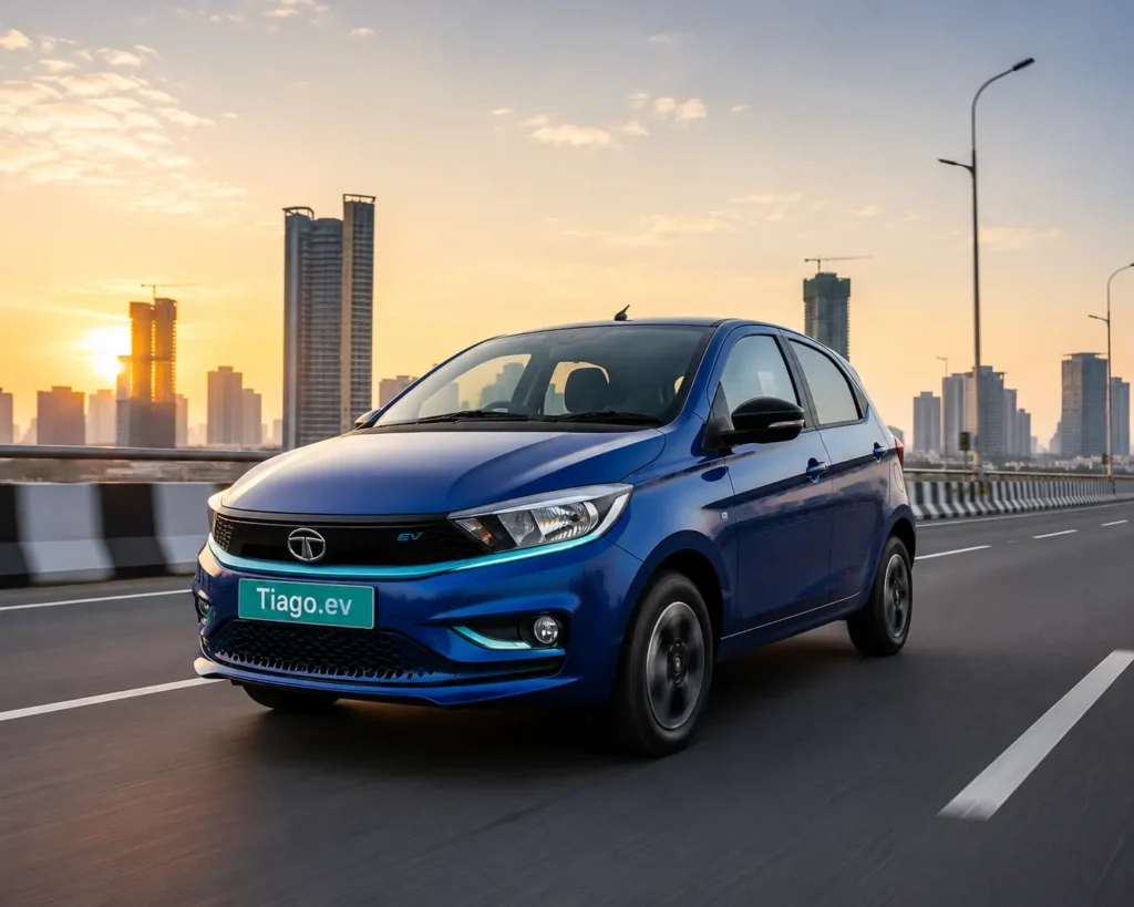 Tata Tiago EV driving in city traffic