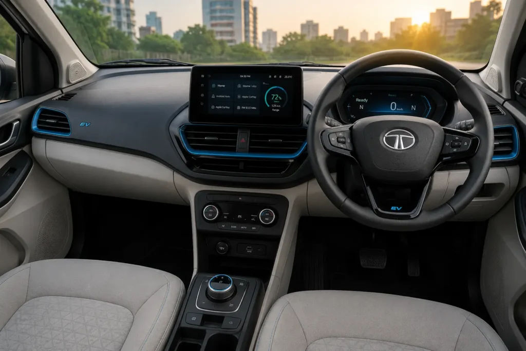 Tata Tiago EV interior dashboard and infotainment system