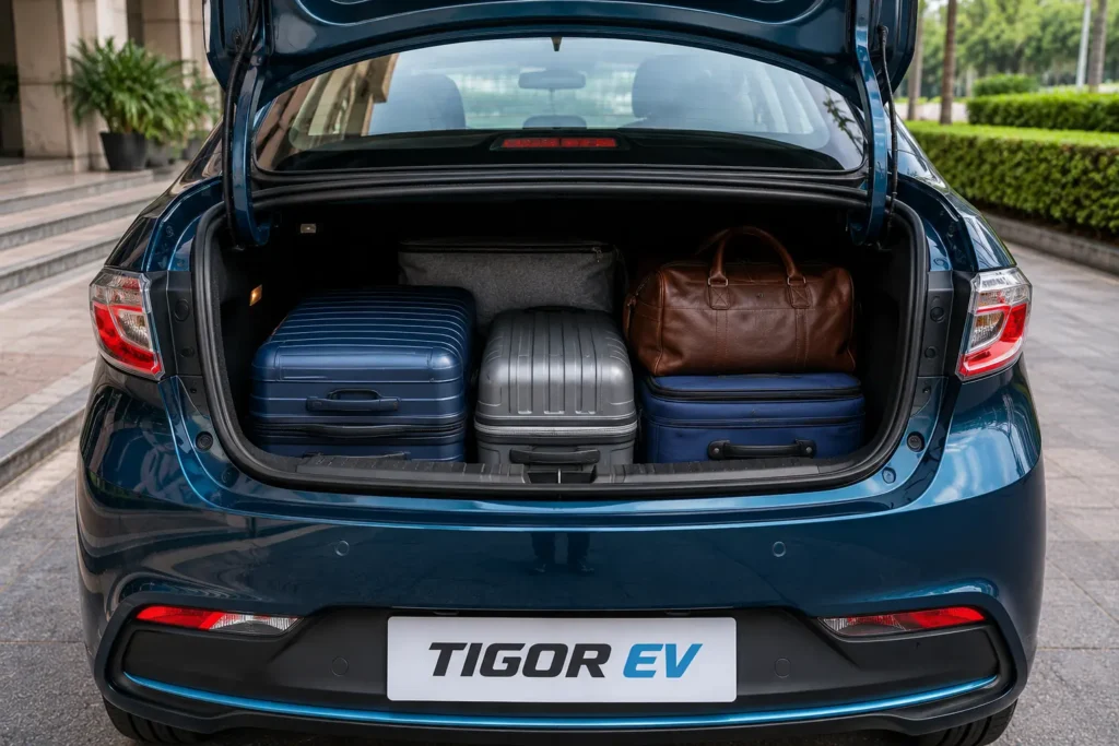 Tata Tigor EV boot space with luggage demonstrating cargo capacity.