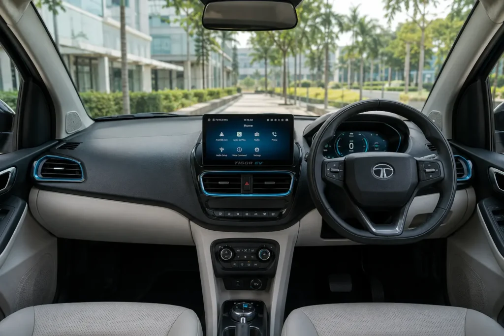 Tata Tigor EV dashboard with touchscreen infotainment system and digital instrument cluster.