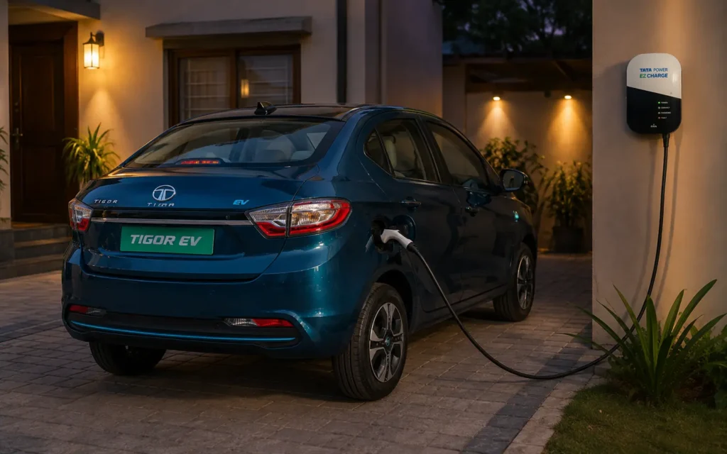Tata Tigor EV charging at home using a standard wall socket.