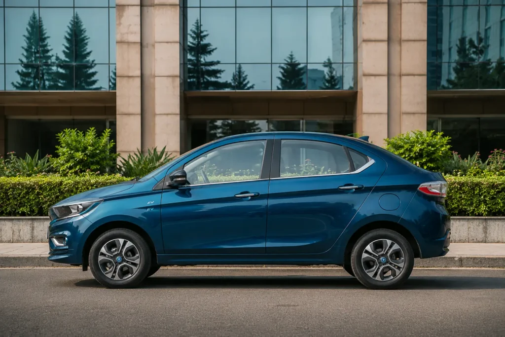 Tata Tigor EV side profile showing compact sedan design.